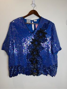 Vintage Stenay Silk Blue Sequin Beaded Floral Evening Top Blouse 2X